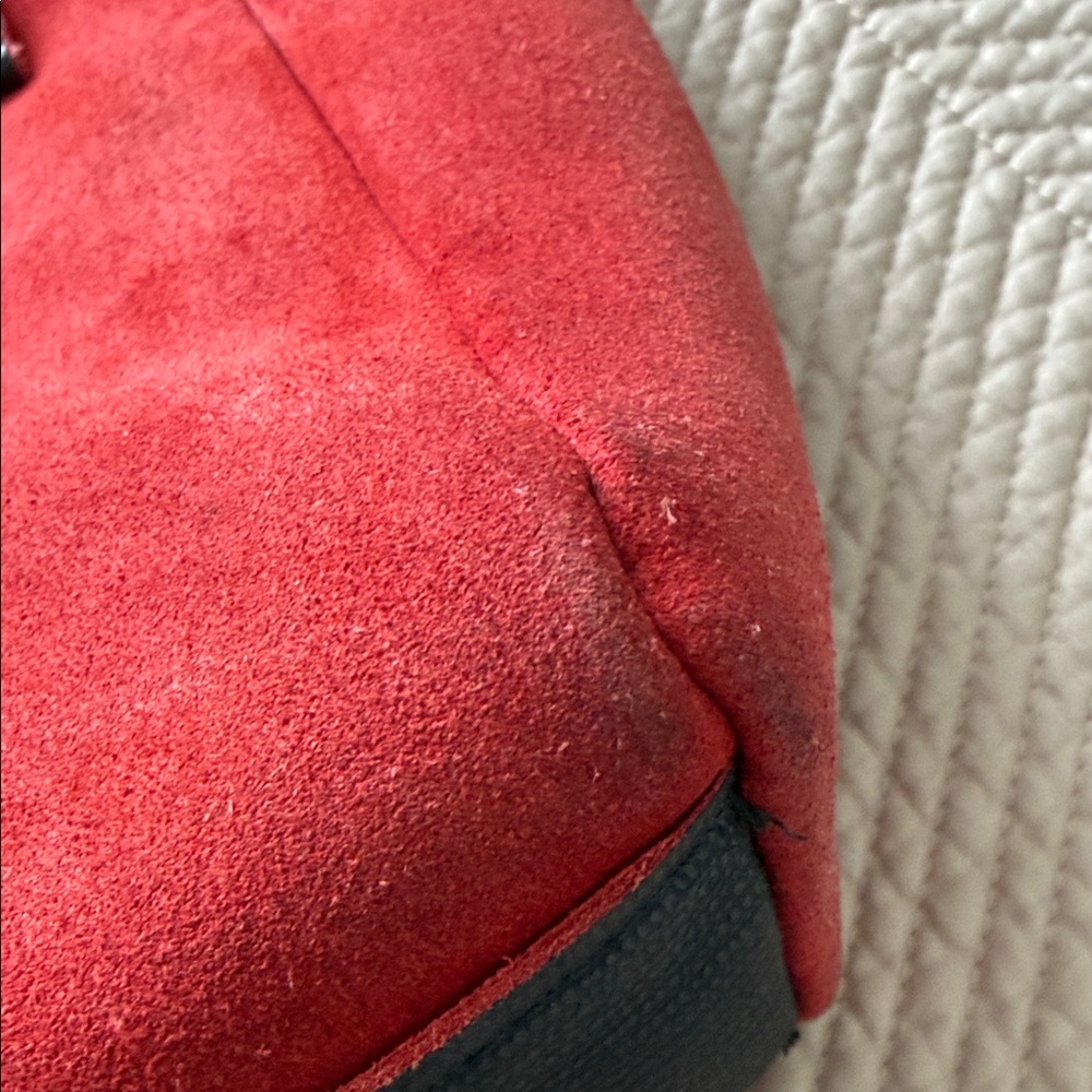 Furla Red Suede Tote with Black Leather Pocket - Picture 3 of 12